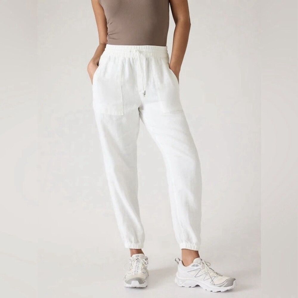 ATHLETA Retreat 100% LINEN Joggers Women’s Small White Pants Resort Minimalist